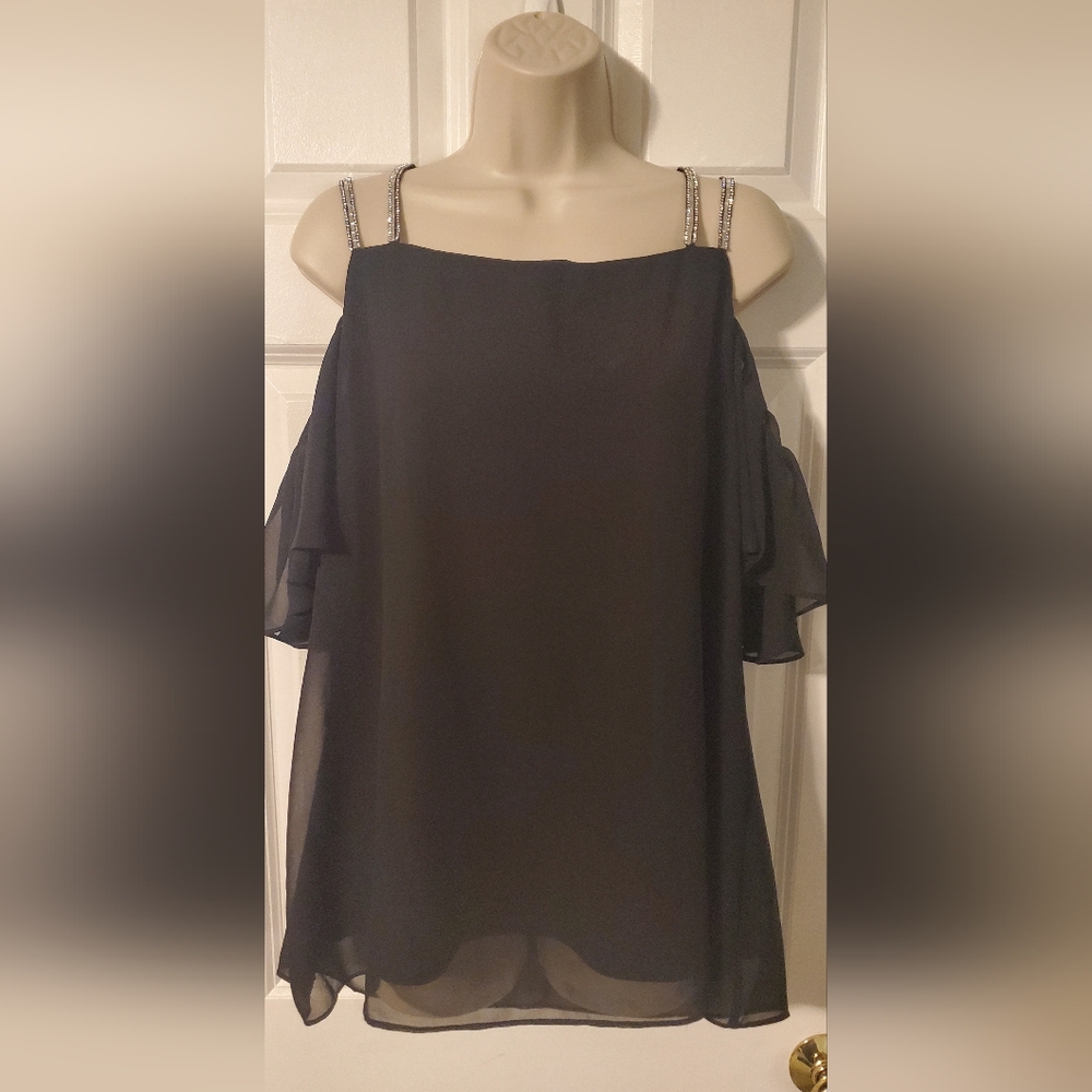 Black Sparkle Strap Cold Shoulder Blouse